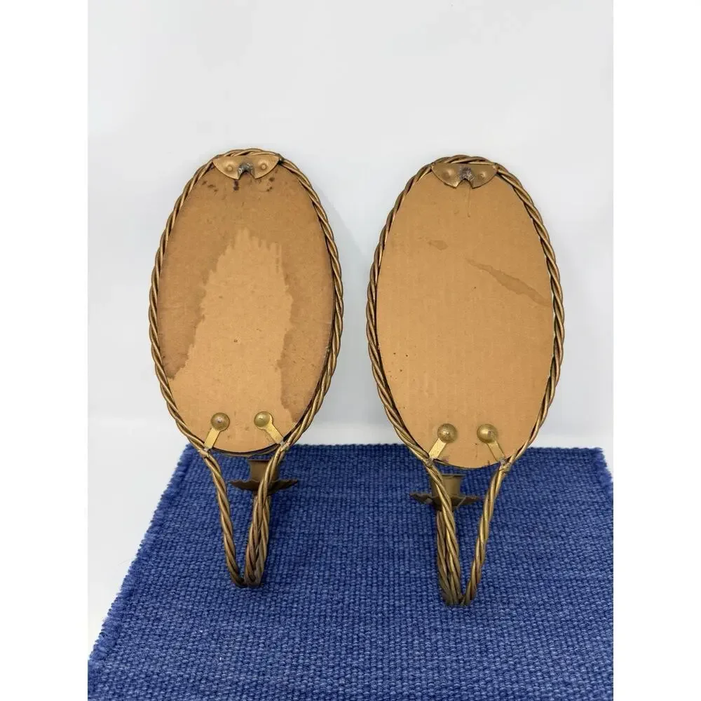 Pair Vintage Gold Tone Oval Mirror Candle Wall Sconces Hollywood Regency Rope
